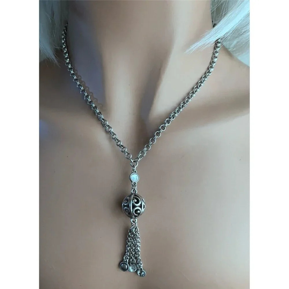 Brighton Crystal Filagree Ball Necklace Dangle Drop Y Adjustable Silver Tone 18"